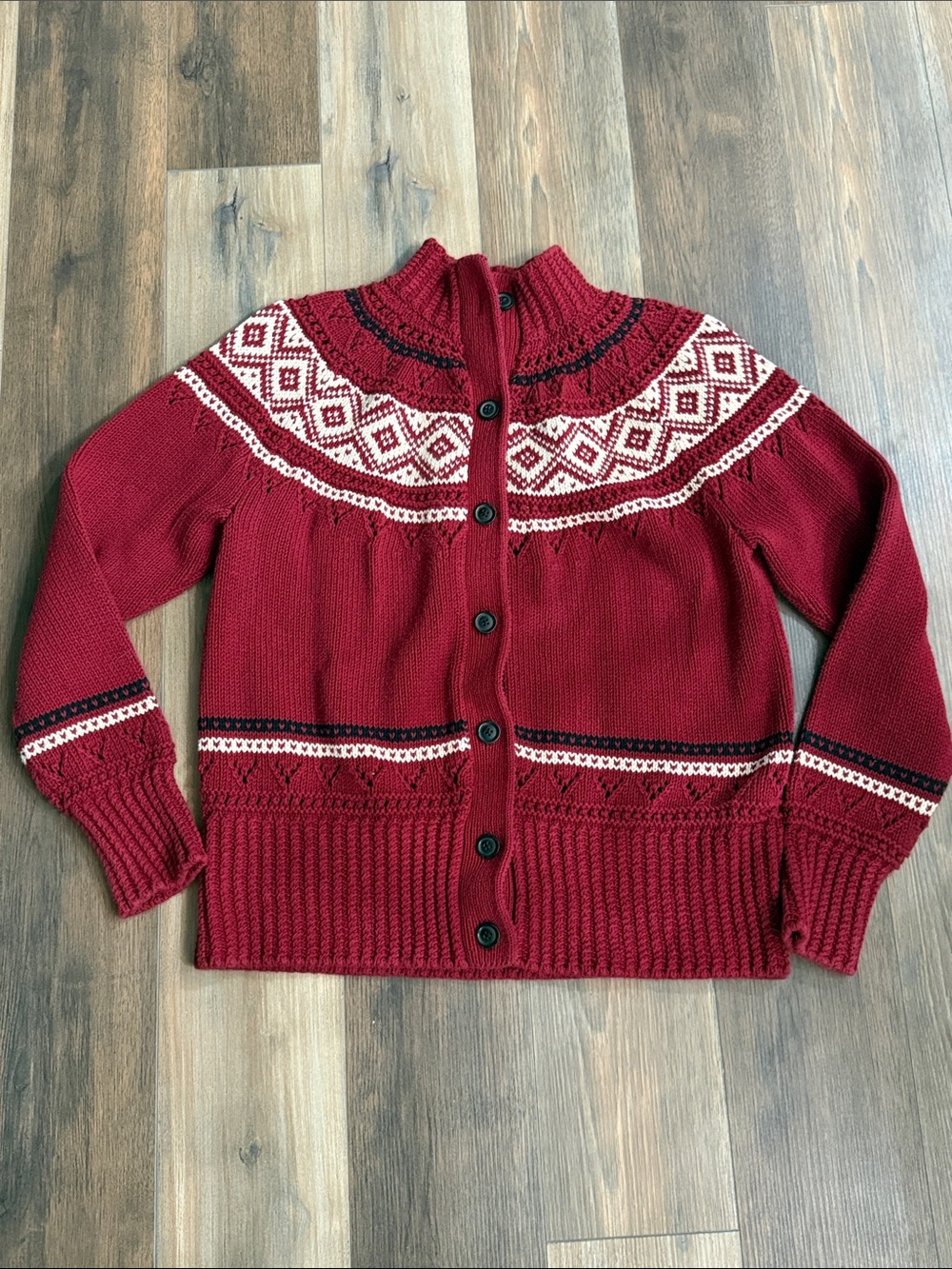 Lands' End Red Fair Isle Knit Cardigan Bean Signature